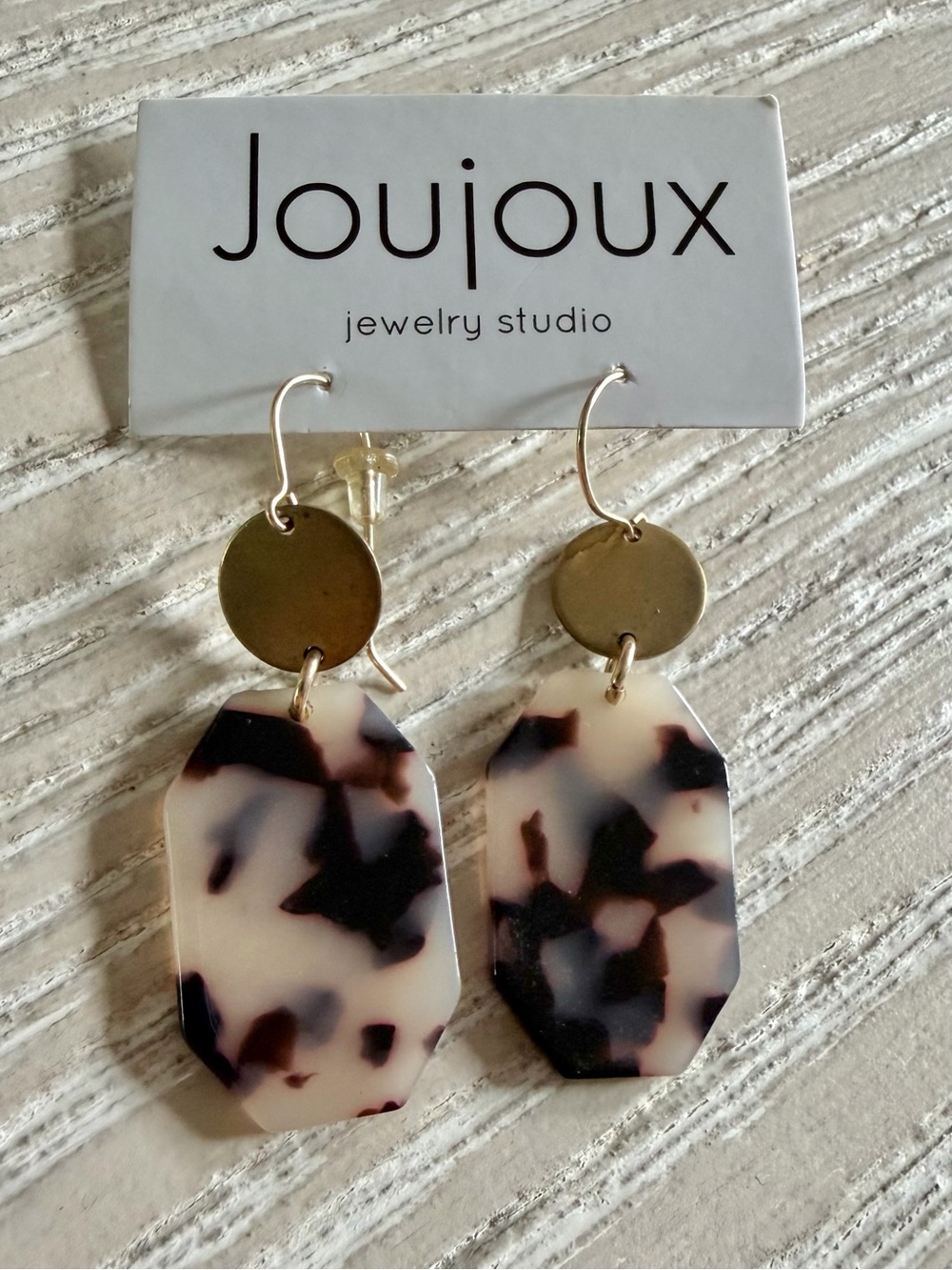 Jou Joux Jewelry Studio tortoise, shell, and gold dangle earrings, NEW